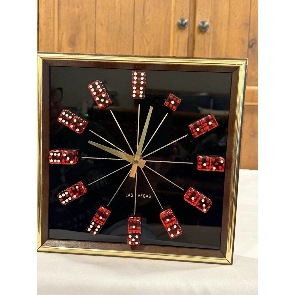 VTG Las Vegas Dice Wall Clock Red Lucite Casino Decor Retro Wood Case